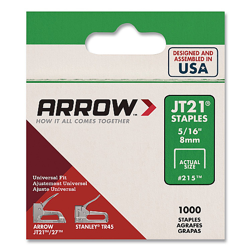 Arrow JT21 Standard Staples, 0.31" Leg, 0.44" Crown, Silver, 1,000/Box (21524AM)