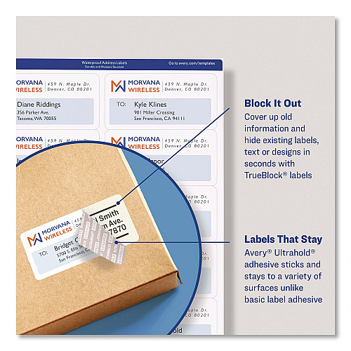 Avery Waterproof Film Address Labels with Sure Feed Technology, Laser Printers, 2 x 4, White, 10 Labels/Sheet, 10 Sheets/Pack (15513EA)