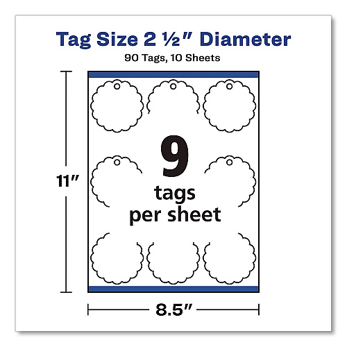 Avery Printable Scallop Round Gift Tags, Inkjet/Laser Printers, 2.5" dia, White, 9/Sheet, 10 Sheets/Pack (80511)