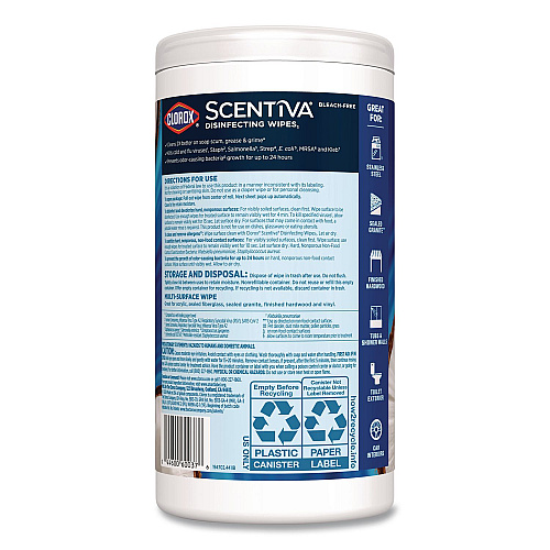 Clorox Scentiva Bleach Free Cleaning Wipes, 7.25 x 7, Coconut and Waterlilly, 75/Canister (60037PK)
