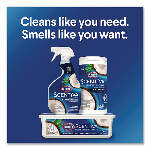 Clorox Scentiva Bleach Free Cleaning Wipes, 7.25 x 7, Coconut and Waterlilly, 75/Canister (60037PK)