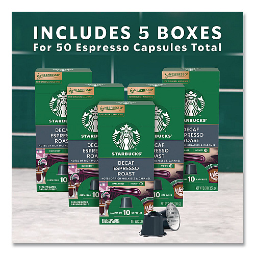 Starbucks By NESPRESSO Espresso Roast Decaf Original Pods, 10/Pack, 5 Packs/Box, 50/Box (109050)