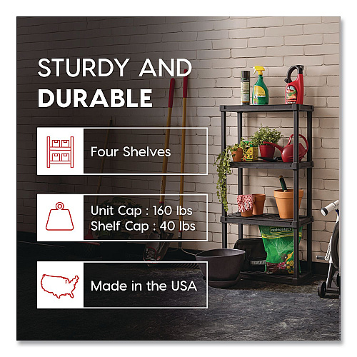 Iris Plastic Shelving Unit, 4 Shelves, 23.9 x 11.8 x 48.3, Black (140038)