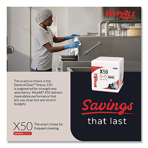 WypAll GeneralClean X50 Cleaning Cloths, 12 x 12.5, White, 84/Pack, 12 Packs/Carton (39005)