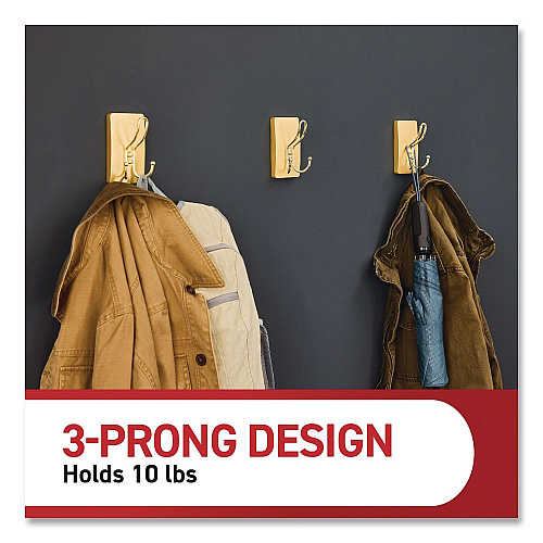 Command Decorative X-Large Triple Hooks, Plastic, Satin Brass, Supports 10 lb, 2/Pack (17038BR2ES)