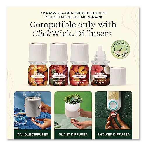Lifelines ClickWick Sunkissed Escape Essential Oil Set, Coconut Hibiscus/Desert Winds/Peach Velvet/Vanilla Tangerine, 0.25 oz Bottle (LL113008)