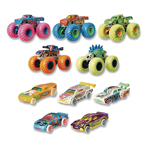 Mattel Hot Wheels Monster Trucks Glow-in-the-Dark Collection, Ages 4 to 8, 10 Pieces (HCB57)