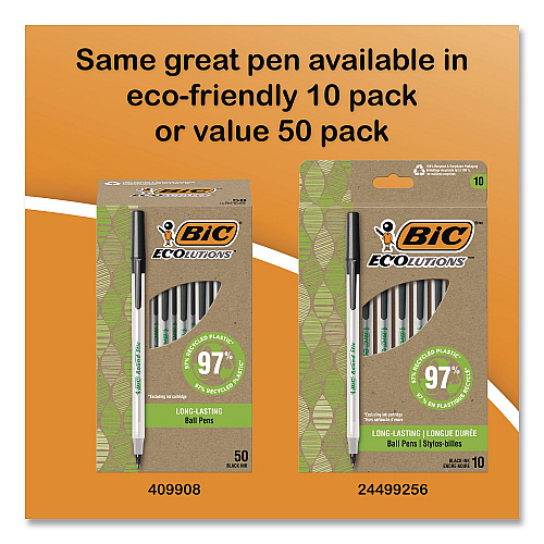 BIC Round Stic Xtra Life Ballpoint Pen, Stick, Medium 1 mm, Black Ink, Translucent Black Barrel, 10/Pack (20123)