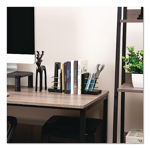 Mind Reader Wood Decorative Basket Bookends, Nonslip Base, 4 x 4 x 5, Wood/Metal, Brown/Gold (BOOKBASK2BLK)