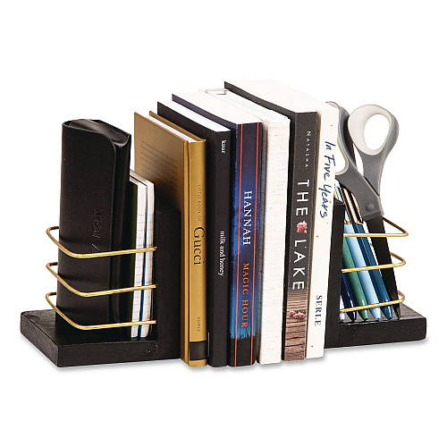 Mind Reader Wood Decorative Basket Bookends, Nonslip Base, 4 x 4 x 5, Wood/Metal, Brown/Gold (BOOKBASK2BLK)