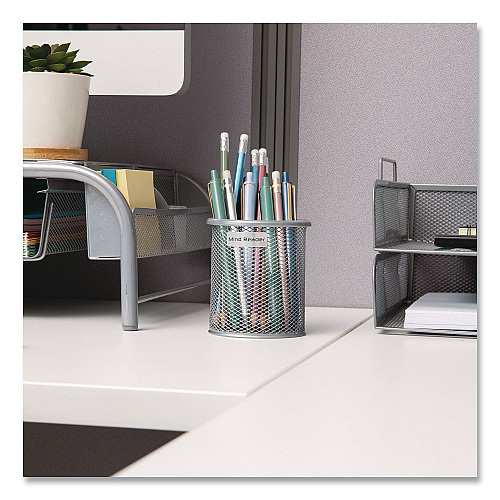 Mind Reader Metal Pen Holder, 3.5" x 3.5" x 3.75", Silver, 3 Pieces/Set (CLIPMESH3SIL)