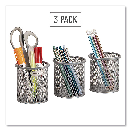 Mind Reader Metal Pen Holder, 3.5" x 3.5" x 3.75", Silver, 3 Pieces/Set (CLIPMESH3SIL)