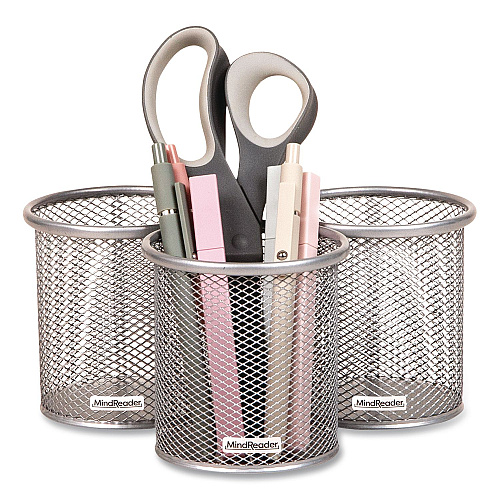 Mind Reader Metal Pen Holder, 3.5" x 3.5" x 3.75", Silver, 3 Pieces/Set (CLIPMESH3SIL)
