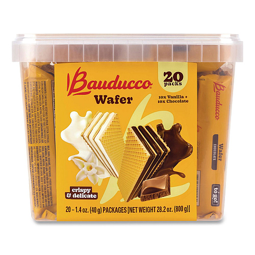 Bauducco Mini Wafer Cookies Tub, Chocolate/Vanilla, 1.4 oz Packets, 20/Carton (22002904)