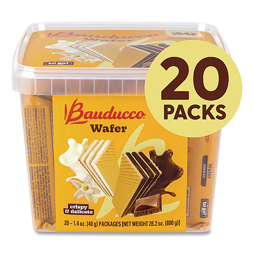 Bauducco Mini Wafer Cookies Tub, Chocolate/Vanilla, 1.4 oz Packets, 20/Carton (22002904)