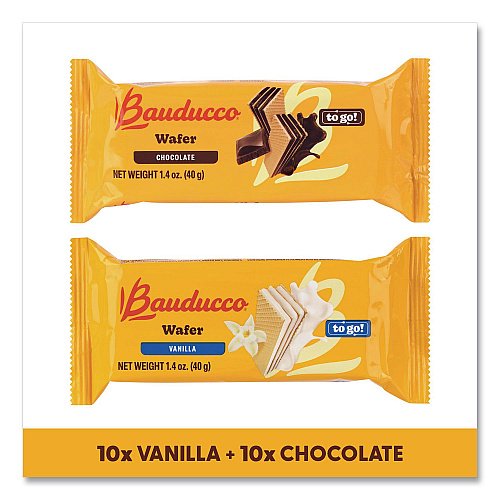 Bauducco Mini Wafer Cookies Tub, Chocolate/Vanilla, 1.4 oz Packets, 20/Carton (22002904)