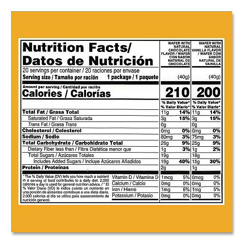 Bauducco Mini Wafer Cookies Tub, Chocolate/Vanilla, 1.4 oz Packets, 20/Carton (22002904)