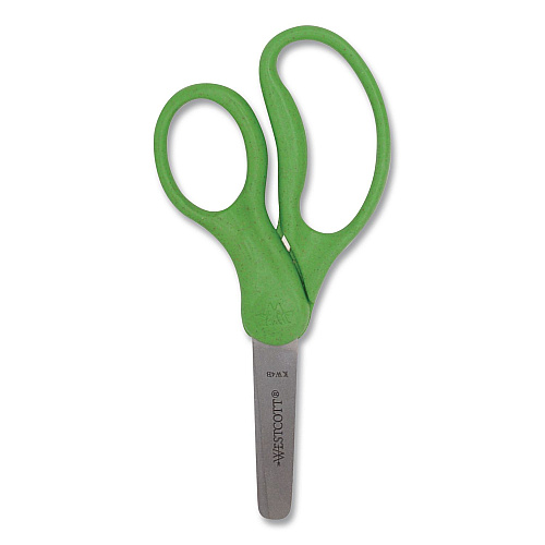 Westcott KleenEarth Rice Husk Kids Scissors, Rounded Tip, 5" Long, 2" Cut Length, Straight Assorted Color Handles, 6/Pack (00684)