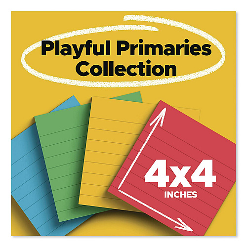 Post-it Pads in Playful Primary Colors, Note Ruled, 4" x 4", 90 Sheets/Pad, 4 Pads/Pack (6754SSAN)