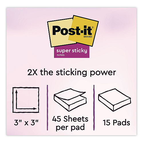 Post-it Super Sticky Notes, 3" x 3", Randomly Assorted Energy Boost and Playful Primaries Colors, 45 Sheets/Pad, 15 Pads/Pack (65415SSPS2)