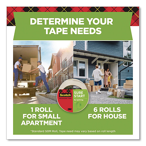 Scotch Sure Start Packaging Tape, 3" Core, 1.88" x 43.7 yd, Clear, 6/Pack (3450406)