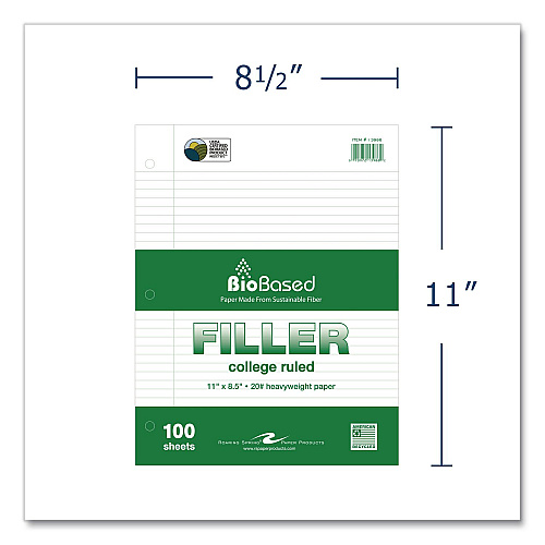 Roaring Spring Heavyweight BioBased Filler Paper, Side: 3-Hole, 8.5 x 11, Medium/College Rule, 100/Pack (13986)