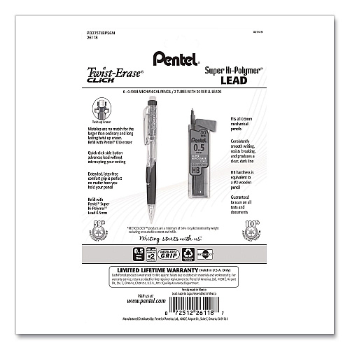 Pentel Twist-Erase CLICK Mechanical Pencil, 0.5 mm, HB (#2), Assorted Barrel Colors, 6/Pack (PD275TLBPS6M)
