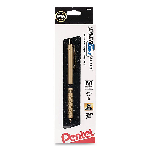 Pentel EnerGel Alloy Premium Gel Pen, Retractable, Medium 0.7 mm, Black Ink, Gold Barrel (BL407XBP)