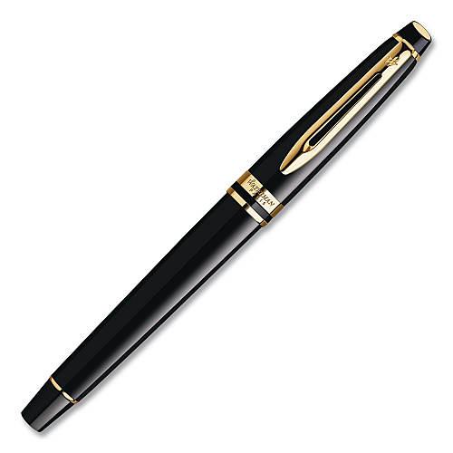 Waterman Expert Fountain Pen Gift Box, Medium Nib, Blue Ink, Black Barrel with 23K Gold Accents (S0951660)