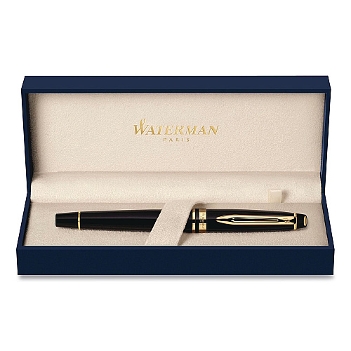 Waterman Expert Fountain Pen Gift Box, Medium Nib, Blue Ink, Black Barrel with 23K Gold Accents (S0951660)