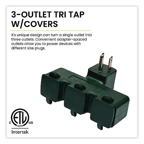 GoGreen Power 3-Outlet Tri Tap Adapter with Covers, 3 Outlets, Green (GG03431GN)