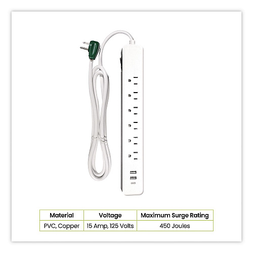 GoGreen Power 6 Outlet Surge Protector with USB, 6 AC Outlets/3 USB Ports, 6 ft Cord, 450 J, White (GG1662USBC)