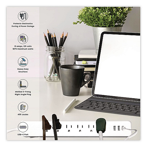 GoGreen Power 6 Outlet Surge Protector with USB, 6 AC Outlets/3 USB Ports, 6 ft Cord, 450 J, White (GG1662USBC)