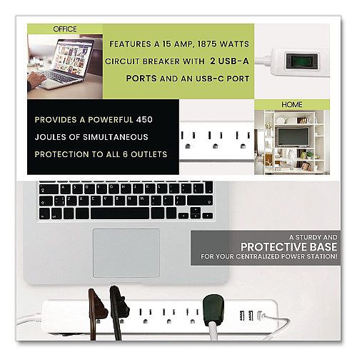 GoGreen Power 6 Outlet Surge Protector with USB, 6 AC Outlets/3 USB Ports, 6 ft Cord, 450 J, White (GG1662USBC)