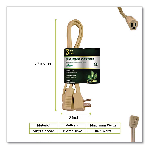 GoGreen Power Appliance Cords, 3 ft, 15 A, Beige (GG25603)