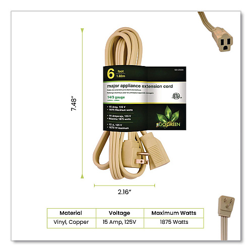 GoGreen Power Appliance Cords, 6 ft, 15 A, Beige (GG25606)