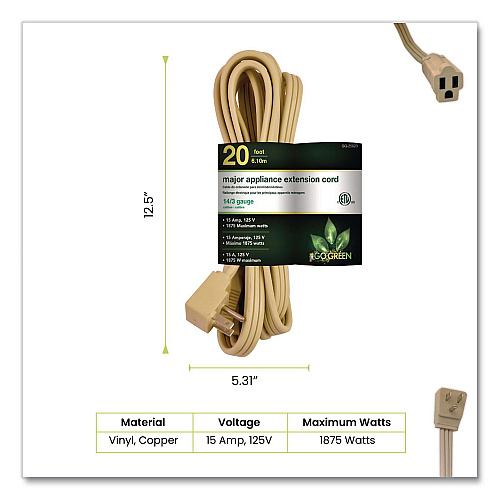 GoGreen Power Appliance Cords, 20 ft, 15 A, Beige (GG25620)