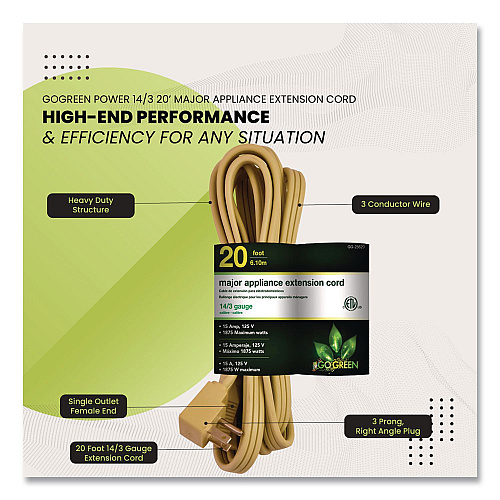 GoGreen Power Appliance Cords, 20 ft, 15 A, Beige (GG25620)