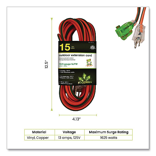 GoGreen Power 16 AWG Extension Cord Lighted End, 15 ft, 13 A, Orange (GG13715)