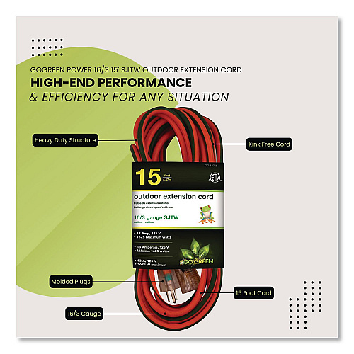 GoGreen Power 16 AWG Extension Cord Lighted End, 15 ft, 13 A, Orange (GG13715)