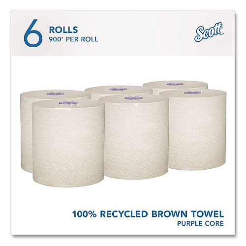 Scott 100% Recycled Hard Roll Paper Towels, 1-Ply, 8" x 900 ft, Brown, 6/Carton (58671CT)