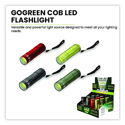 GoGreen Power COB LED Flashlights with Display Case, 3 AAA Batteries (Included), Assorted Colors, 12/Pack (GG113COBD12)