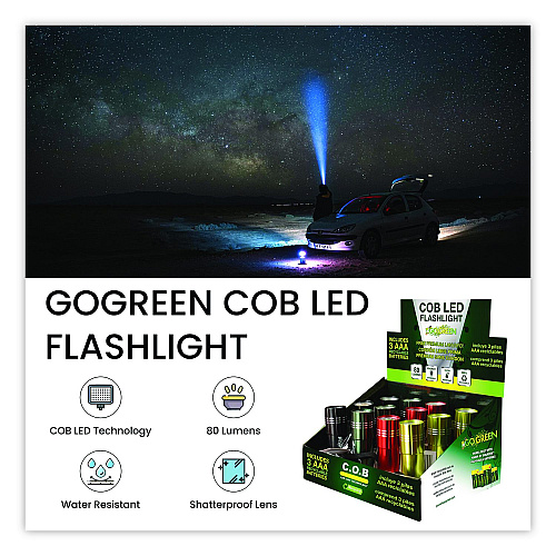GoGreen Power COB LED Flashlights with Display Case, 3 AAA Batteries (Included), Assorted Colors, 12/Pack (GG113COBD12)