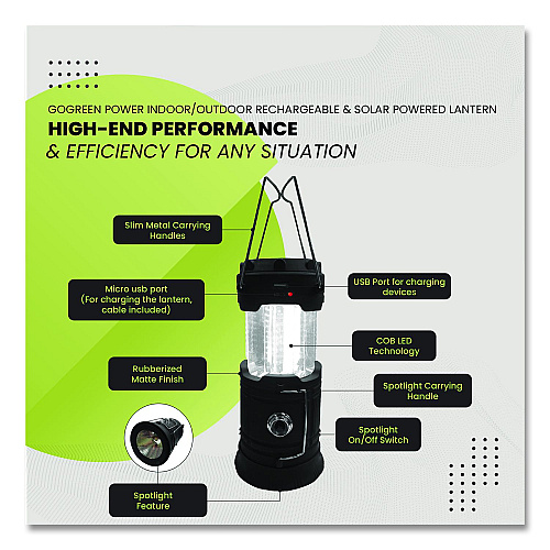 GoGreen Power COB LED Solar/Rechargeable Lantern, Lithium Ion Rechargeable Battery (Included), Dark Gray (GG11330LSPOP)