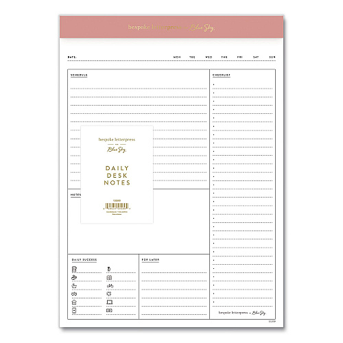 Blue Sky Bespoke Letterpress Daily Desk Notes Planner Pad, 7 x 9, Camellia Pink Headband, Undated (155580)
