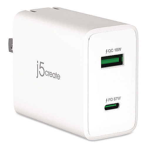 j5create 67 W GaN USB-C/USB-A Two-Port Charger, White (JUP2367)