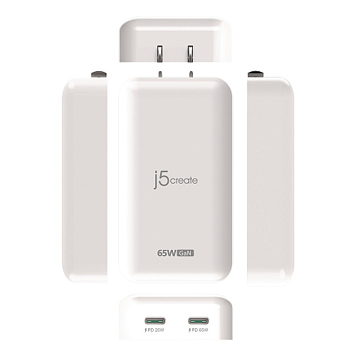 j5create 65 W USB-C Two-Port GaN PD Charger, White (JUP2465)