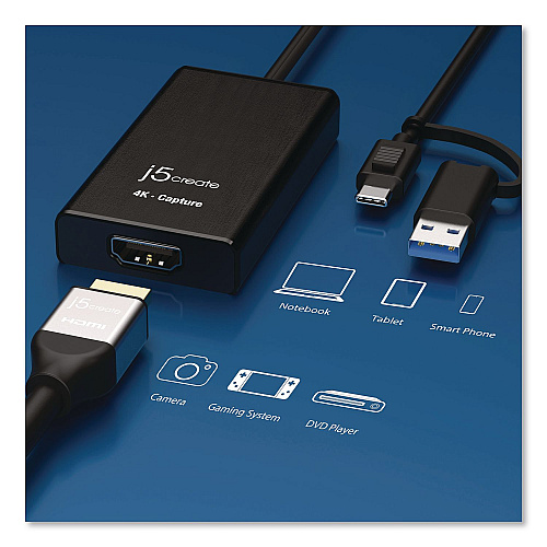 j5create USB-C to HDMI Video Adapter, HDMI/USB-A/USB-C, 7.87", Black (JVA11)