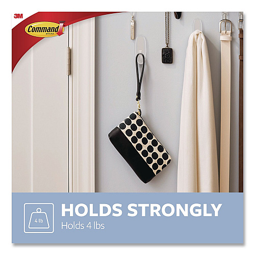 Command Large Utility Hook, Plastic, Clear, Supports 4 lb, 3 Hooks and 6 Strips/Pack (70006901790)