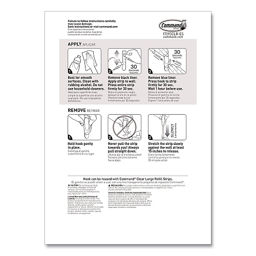 Command Large Utility Hook, Plastic, Clear, Supports 4 lb, 3 Hooks and 6 Strips/Pack (70006901790)
